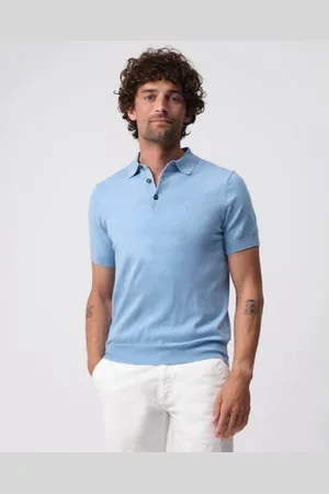 Campbell Regular polo fijn gebreid lichtblauw