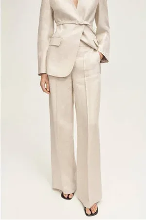 MANGO Linnen straight regular waist broek beige