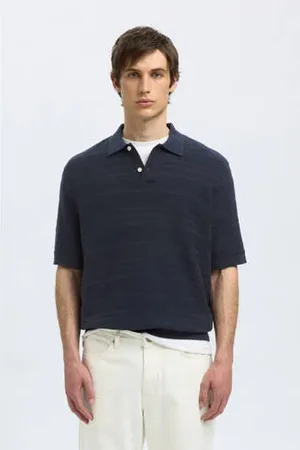 SELECTED Regular polo met ingebreid patroon blauw
