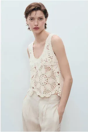 MANGO Top ecru crochet