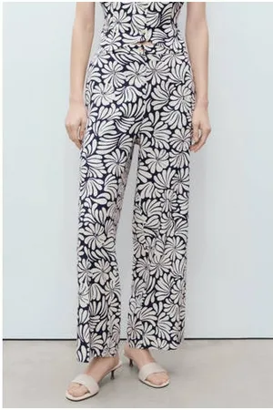MANGO Linnen wide leg regular waist broek ecru