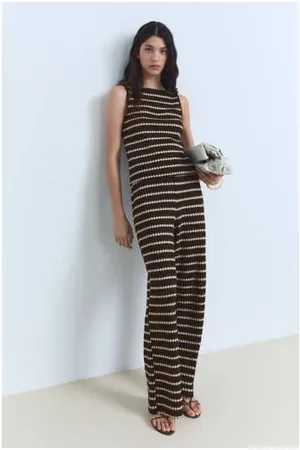 MANGO Wide leg high waist casual broek donkerbruin gebreid