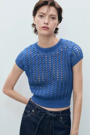 MANGO Top blauw gehaakt