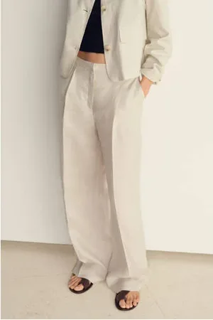 MANGO Linnen wide leg regular waist pantalon ecru