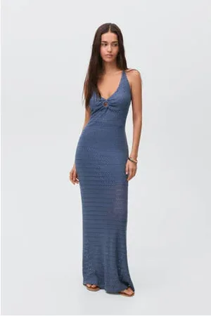 MANGO Maxi jurk ajour donkerblauw