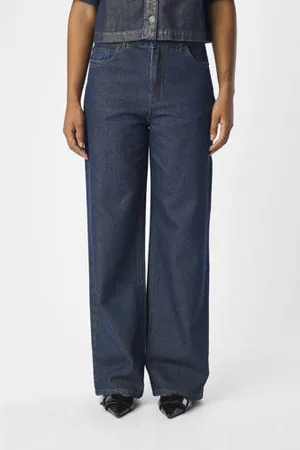 Object Coated high waist wide leg jeans OBJZILVIO dark blue denim met goud glitters
