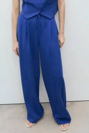 MANGO Wide leg regular waist pantalon blauw