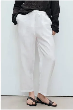 MANGO Linnen straight regular waist broek wit