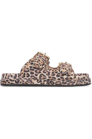 PS Poelman Suède slippers met panterprint bruin