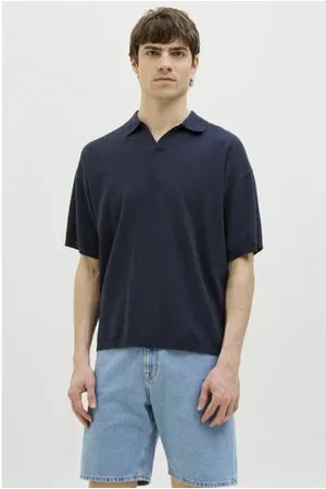 JJ Relaxed polo gebreid donkerblauw