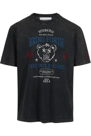 Iceberg Regular-fit Black T-shirt in random-wash dyed cotton with maxi Bear print