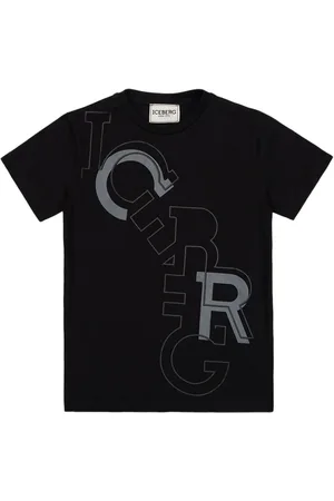 Iceberg KIDS - Black Cotton Crewneck T-Shirt with Lettering Print on the Bust