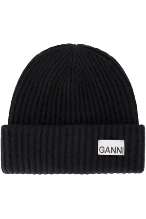 Ganni Black Oversize Ribbed Beanie Black