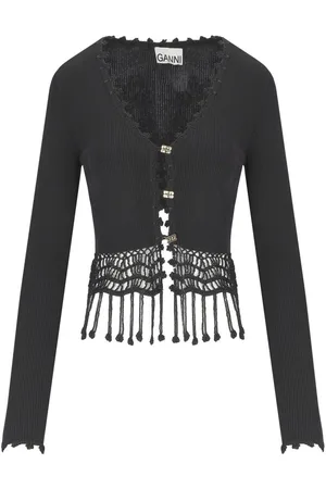 Ganni Black Crochet Cropped Cardigan Black