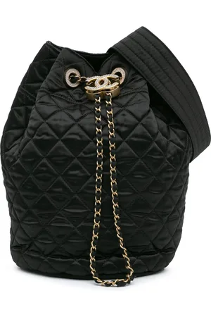 CHANEL 2018-2019 Quilted Nylon Crystal CC Drawstring Sling Bag