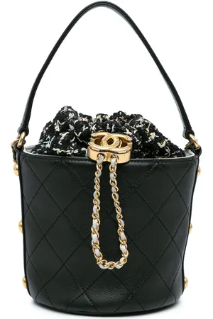 CHANEL 2019 Small CC Calfskin and Tweed Drawstring Bucket Bag