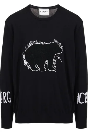 Iceberg Black cotton crewneck with logo and Bear detail