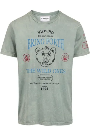 Iceberg Regular-fit mint-colored T-shirt in random-wash dyed cotton with maxi Bear print