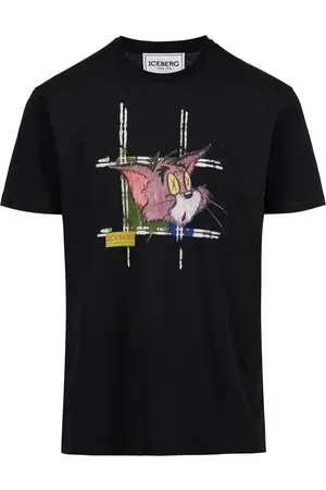 Iceberg Classic regular fit black T-shirt in cotton jersey with Tom print on the front