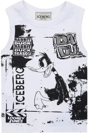 Iceberg KIDS - White Jersey Crew Neck Tank Top with Contrast Prints and Lettering