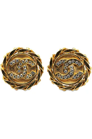 CHANEL 1980-1990 Gold Plated Rhinestone CC Clip On Earrings