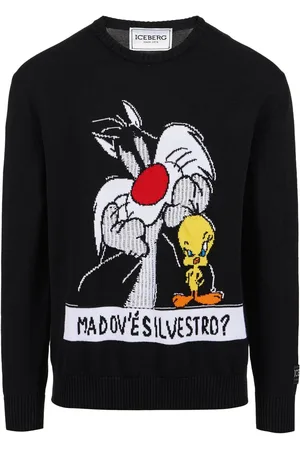 Iceberg Cotton crewneck black sweater with cartoon and jacquard inlays