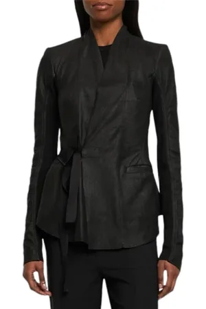Rick Owens Veste cuir plissée bas arrière noir wrap Holywood Femme RP01D 2707 LBA 09