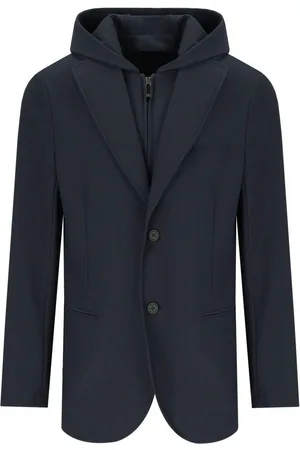Emporio Armani Navy Blue Ribbed Single-breasted Hooded Jacket Blue