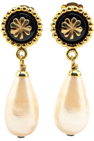 CHANEL 1980-1990 Gold Plated Clover Faux Pearl Drop Earrings