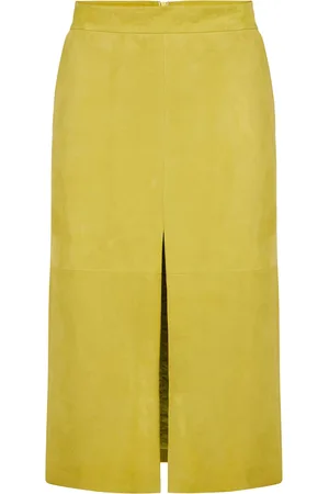 Iceberg Lime Yellow Suede Pencil Skirt with Front Slit