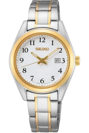 Seiko Horloge SUR466P1 Staal Bi-color Quartz Saffierglas 100m Waterdicht met Witte Wijzerplaat 30mm