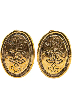 CHANEL 1980-1990 Gold Plated CC Crown Clip On Earrings