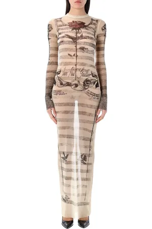 Jean Paul Gaultier Mesh Tatoo Marinier Long Dress Ecru Black Red
