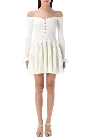 Self-Portrait White Ribbed Knit Off Shoulder Mini Dres Bianco
