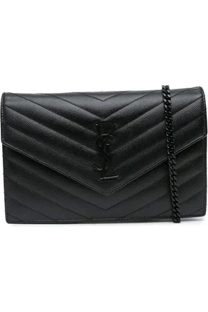 Saint Laurent 2016 Grain De Poudre Chevron Monogram Monochrome Envelope Chain Wallet