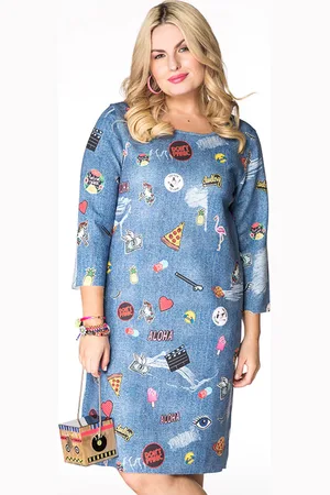 Yoek Dress denim printed SCUBA | Blauw | Maat S