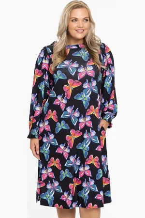Yoek Dress puff sleeves BUTTERFLIES | Zwart | Maat 38/40