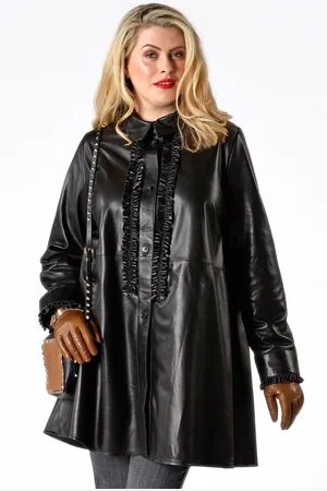 Yoek Leren blouse met ruches | Zwart | Maat 40