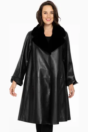 Yoek Mantel met bontkraag LEATHER | Zwart | Maat 40