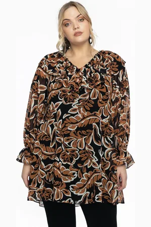 Yoek Tunic frilled V-neck BOTANIQUE | Zwart | Maat 38/40