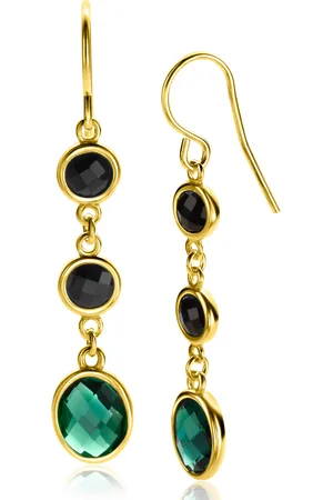 ZinZi Gold plated zilveren lange oorhangers 50mm, bezet met twee ronde zwarte zirconia
