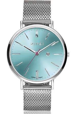 ZinZi Retro horloge blauw-groen gekleurde wijzerplaat en kast stalen mesh band 38mm extra dun ZIW411M