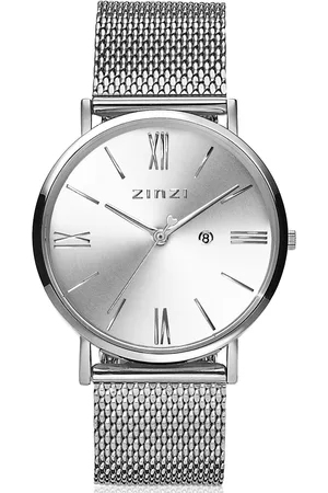 ZinZi Roman horloge zilvergekleurde wijzerplaat en kast stalen mesh band 34mm extra dun ZIW502M