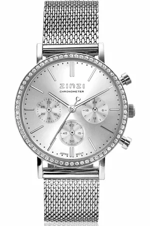 ZinZi Horloge CHRONOGRAPH 36mm stopwatch zilverkleurige wijzerplaat, stalen kast met crystals, stalen mesh band 18mm ZIW1602