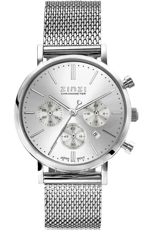 ZinZi Horloge CHRONOGRAPH 34mm zilverkleurige wijzerplaat met datum en chronometers, stalen kast, stalen mesh band 18mm ZIW1502