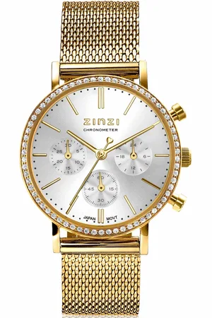 ZinZi Horloge CHRONOGRAPH 36mm stopwatch zilverkleurige wijzerplaat, geelgoudkleurige stalen kast met crystals, geelgoudkleurige stalen mesh band 18mm ZIW1633