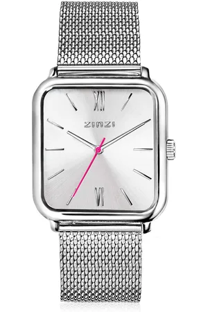 ZinZi Square Roman horloge zilvergekleurde wijzerplaat en rechthoekige kast stalen mesh band 32mm extra dun ZIW802M