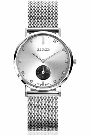 ZinZi Glam horloge zilverkleurige wijzerplaat stalen kast stalen mesh band grijze chrono 34mm extra dun ZIW539M