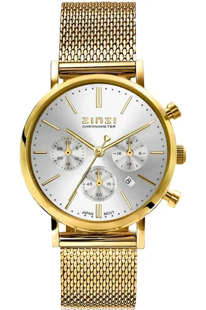 ZinZi Horloge CHRONOGRAPH 34mm zilverkleurige wijzerplaat met datum en chronometers, geelgoudkleurige stalen kast, geelgoudkleurige stalen mesh band 18mm ZIW1533