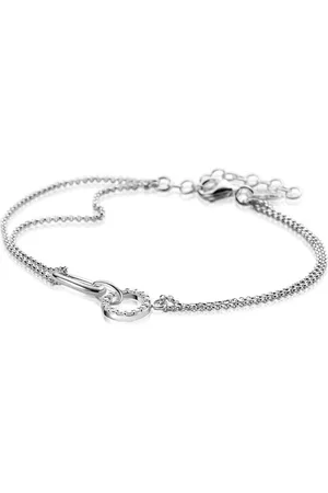 ZinZi Zilveren multi-look armband met twee kettinkjes, verbonden aan een ovale schakel en open rondje bezet met witte zirconia